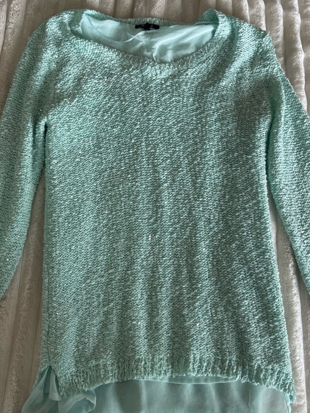 Apt. 9 Mint Green Textured Knit Crewneck Sweater with Chiffon Hem